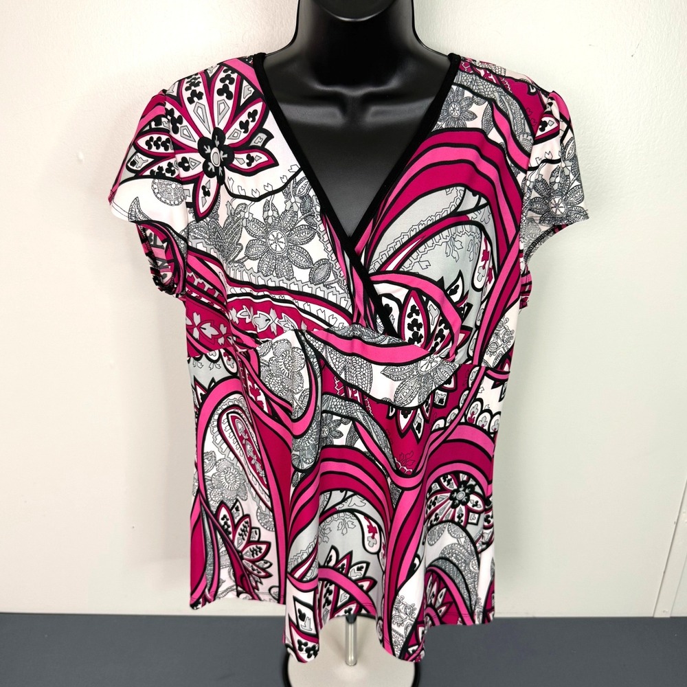 Carol Rose Blouse Womens XL Pink Paisley Floral Surplice V-Neck Short Sleeve Top